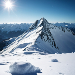 Sunlit Snow-Capped Mountain Peak Under Clear Blue Sky