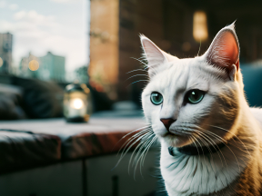 Majestic Long-Haired Cat with Striking Green Eyes Gazes Thoughtfully Indoors Against Urban Backdrop