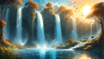 Enchanted Autumn Falls: A Dreamlike Sunset Landscape