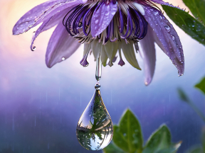 Close-Up of Vibrant Flower Stamens with Iridescent Water Droplet at Dusk