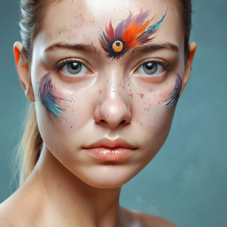 Nature-Inspired Feather and Leaf Artistic Makeup Design with Vibrant Blue and Orange Accents