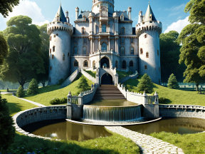 Majestic Hilltop Castle with Ornate Towers and Picturesque Moat Surroundings