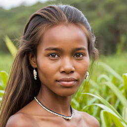 Young Woman in Traditional Attire Smiling Amidst Lush Rural Landscape