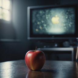 Illuminated Apple Logo on TV Screen with Real Apple in Foreground