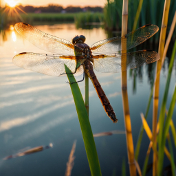 Serene Dragonfly at Dawn: A Tranquil Moment by the Marshy Waters