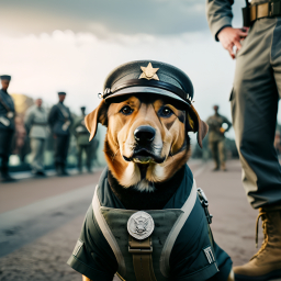 K-9 Unit Dog in Full Uniform Standing with Military Personnel Outdoors