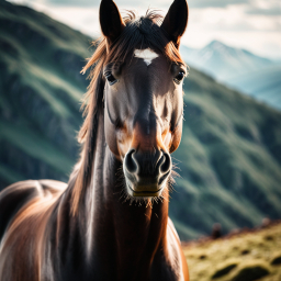 Majestic Bay Horse Standing Gracefully Against a Scenic Mountain Landscape