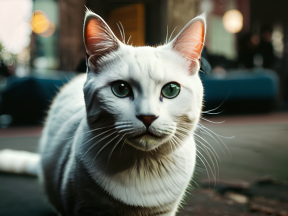 Attentive Light-Furred Cat with Striking Green Eyes Indoors Near Window