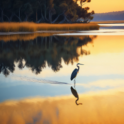 Serene Crane Reflection at Golden Hour in a Natural Waterscape
