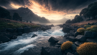 Sunset Rapids: A Majestic Mountain River in Turbulent Flow