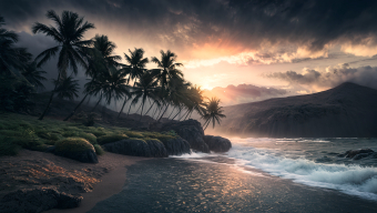 Tranquil Tropical Sunrise: Serene Coastal Palm Trees and Golden Ocean Glow