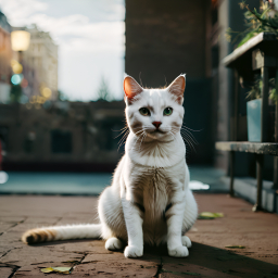 Attentive White Cat with Dark Markings Sitting on Urban Paved Walkway
