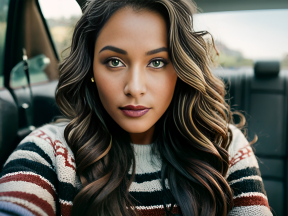 Mirror Selfie of a Woman with Long Brown Hair and Dark Makeup in Sunlit Outdoor Setting