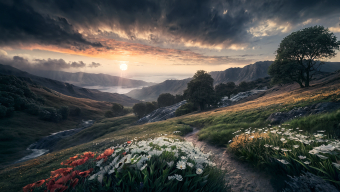 Tranquil Hillside Pathway at Sunrise Over Serene Waters