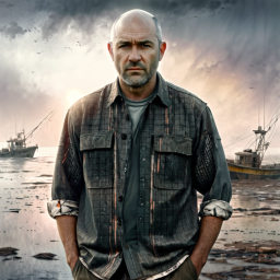 Man Contemplating Environmental Devastation on Polluted Shoreline Amid Stormy Skies