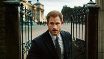 Man in Suit Walking Through Historic Urban Setting with Artistic Motion Effect