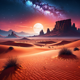 Surreal Desert Oasis: A Fantastical Fusion of Sand, Water, and Celestial Wonder