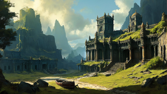 Ancient Ruins Amidst Mystical Mountainous Terrain: A Fusion of Fantasy and History