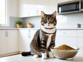 Gatto domestico con ciotola di crocchette in cucina moderna