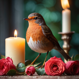 Eurasian Robin Amidst Heart-Shaped Rose Petals and Candlelight: A Serene and Romantic Scene