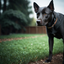 Alert Black-Coated Dog Standing on Grass in Natural Outdoor Setting
