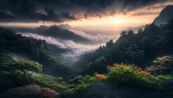 Epic Mystical Mountain Landscape with Dramatic Lighting and Cascading Waterfall