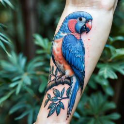 Vibrant Parrot Tattoo Featuring Detailed Tropical Foliage on Arm