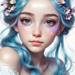 Ethereal Blue-Haired Fantasy Character with Celestial Floral Accents