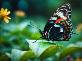 Vibrant Butterfly Perched on Leaf Amidst Yellow Blossoms in a Lush Garden Setting
