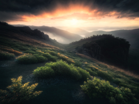 Golden Horizon: A Serene Sunrise Over Rolling Green Hills