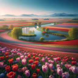 Radiant Tulip Fields with Meandering River and Mountain Backdrop in Early Spring