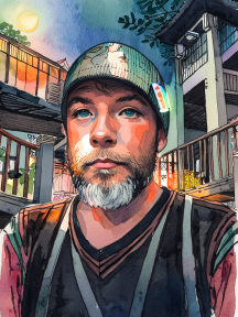 Contemplative Man in an Impressionistic Cityscape at Night