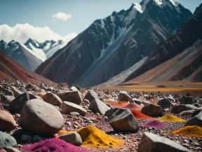 Vibrant Multicolored Rocks Against a Snow-Capped Mountain Backdrop
