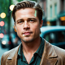 Man with Styled Hair and Dark Jacket Poses on Urban Street with Buildings and Parked Car in Background