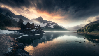 Tranquil Lakeside Village at Dawn by Snow-Capped Mountains