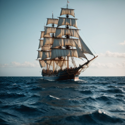 Majestic Multi-Masted Sailing Ship Glides Calm Ocean at Dawn