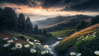 Tranquil Valley: A Vibrant Countryside Landscape with Rolling Hills, Wildflowers, and Majestic Mountains