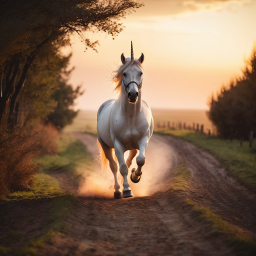 Majestic White Unicorn Galloping Through a Serene Rural Sunrise