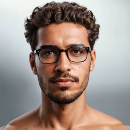 Portrait of a Shirtless Person with Glasses and Dark Hair Against a Plain Light Background