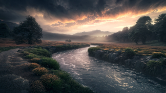 Misty River Valley at Sunrise: A Serene Landscape of Nature's Beauty