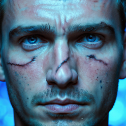 Calm Amidst Pain: Portrait of a Person with Facial Injuries and Stitches