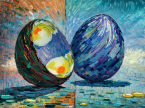 Intricately Decorated Eggs with Cubist Influences and Reflective Water Lily Setting