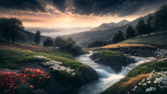 Tranquil Rapids Beneath Stormy Peaks: A Serene Mountain Valley at Dawn