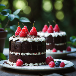 Decadent Chocolate Cake Slices Garnished with Fresh Raspberries in an Elegant Outdoor Setting