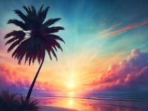 Sunset Serenity: A Vibrant Tropical Beachscape in Surreal Hues