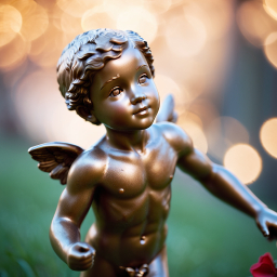 Golden Angel Figurine with Wings and Muscular Arms in Soft Outdoor Light