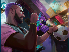 Fantasy Warrior with Enchanted Weapon Amidst Magical Inventory