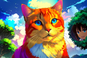 Dreamy Orange Tabby Cat with Blue Eyes in a Magical Anime-Inspired Setting