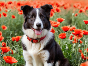 Happy Dog Standing in a Vibrant Field of Red Poppies