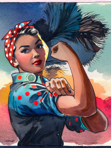 Confident Vintage Pin-Up Woman with Polka Dot Cap and Feather Fan Background